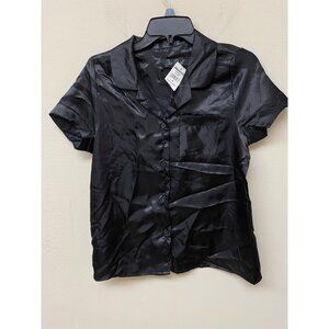 Star Dust Womens Mid Night Black Solid Satin Silk Shirt Black Size M NWT